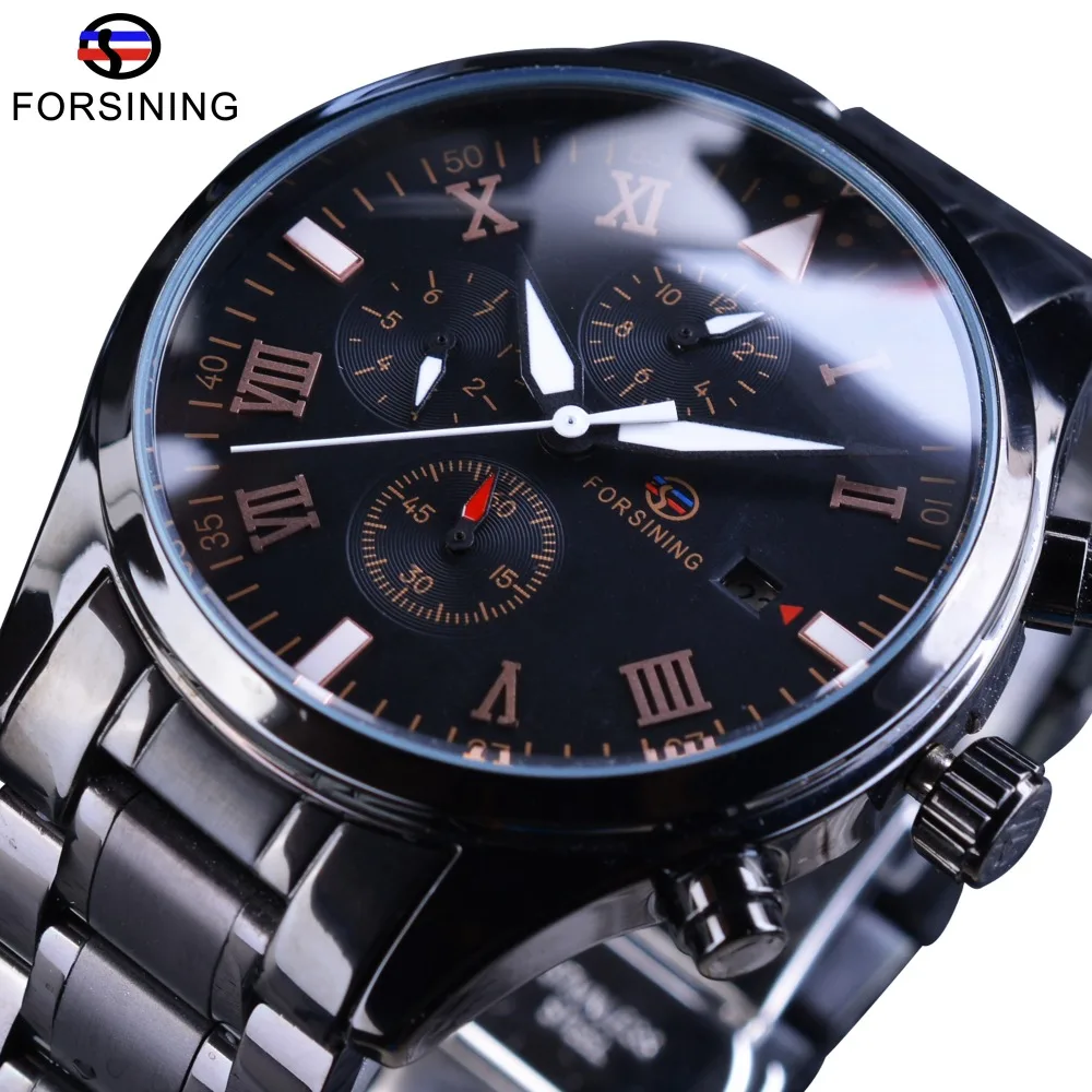 Мужские часы Forsining черные из нержавеющей стали с календарем|wristwatch brand|wristwatches