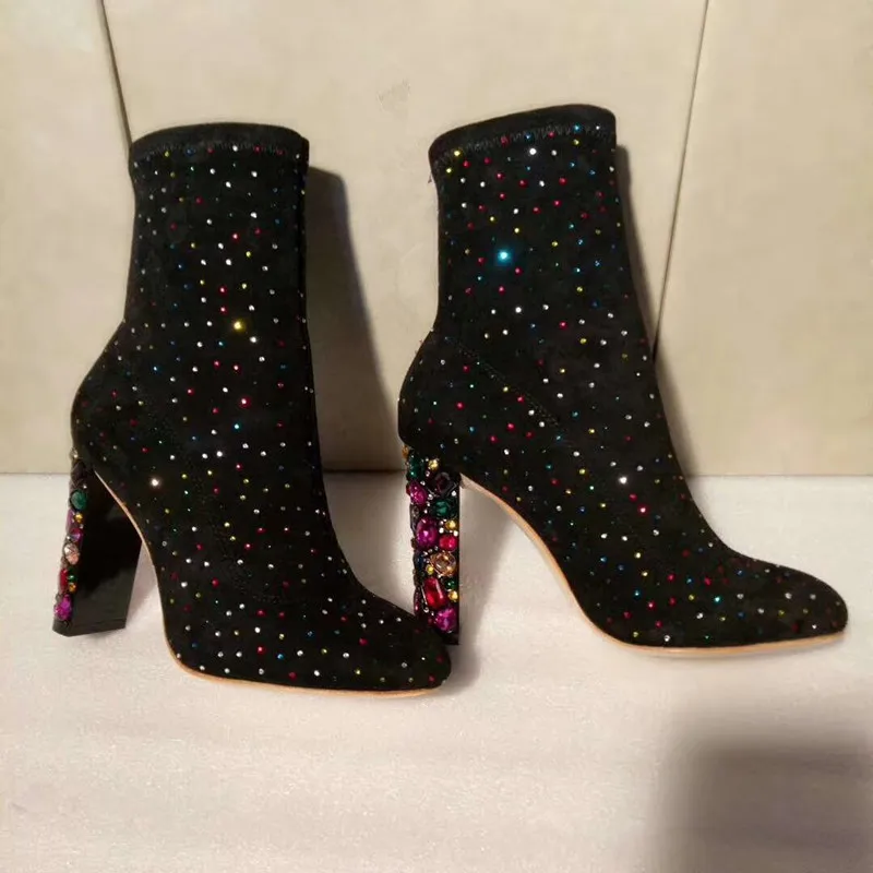 

2019 Hot Autumn Winter Shoes Woman Bling Crystal Square High Heels Boots Kid Suede Mid-Calf Boots Design Mujer Runway Boots