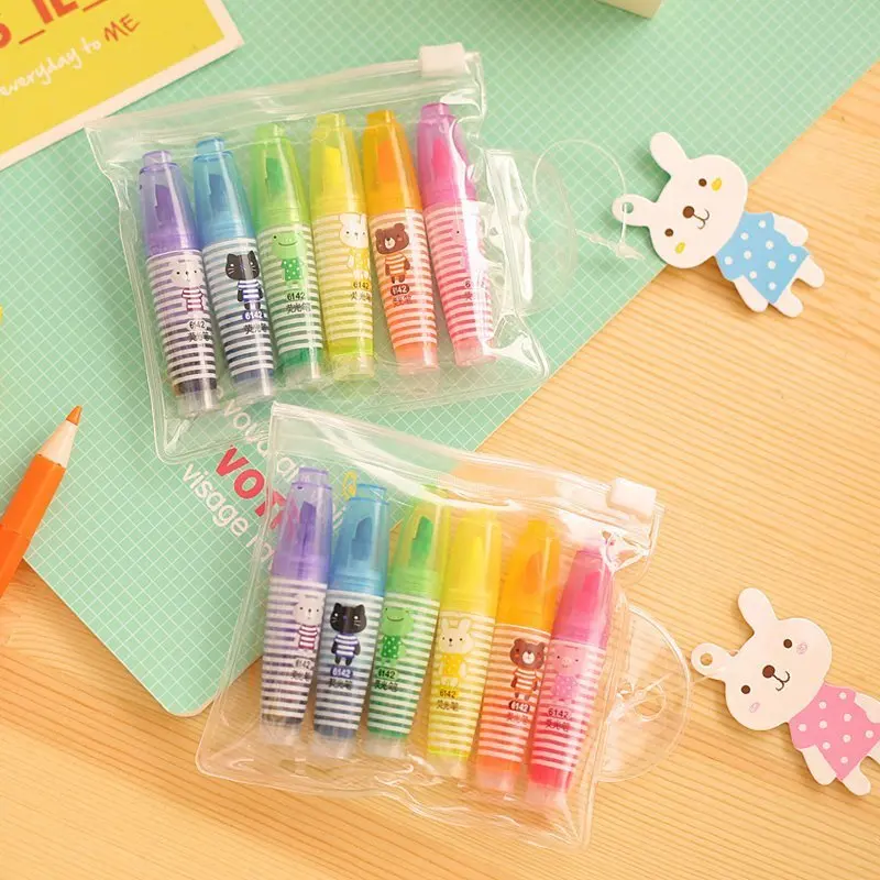 6 pcs/set Creative colorful  fluorescent pen highlighters set Student mini marker pen Kawaii Stationery Office School supplies