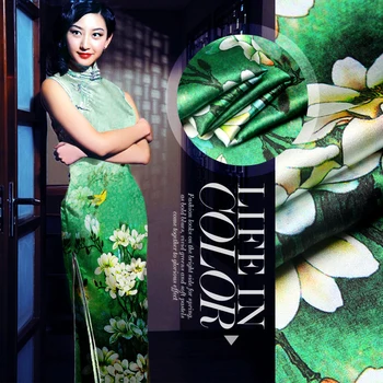 

Silky quality printing silk cloth fabric silk stretch satin floral dress trousers [green] Yulan