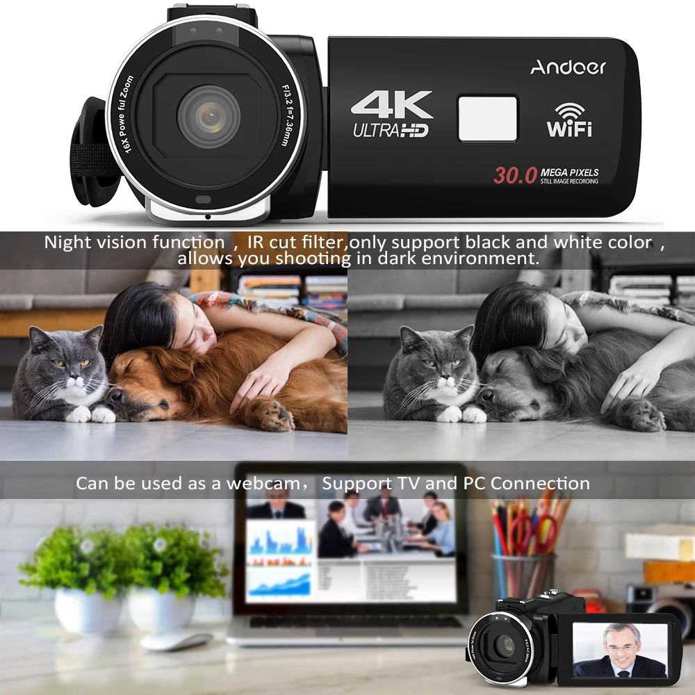 Andoer 4K Ultra HD WiFi цифровая видеокамера регистратор 16X Zoom 3," lcd сенсорный экран ИК Ночное Видение с креплением горячий башмак