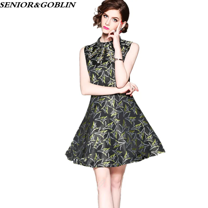 

2019 Newest Spring Summer Women High Quality Vintage Jacquard Dress Fashion Casual Ladies Print Tank Party Dresses Mini Dress