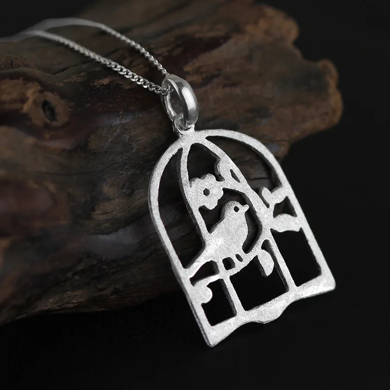 Poetic 925 sterling silver jewelry  natural wind small hollow design gilded birdcage pendant