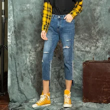 Короткие синие джинсы с дырками, дизайн в стиле пэчворк, повседневная одежда с карманами, средняя талия, лето-осень