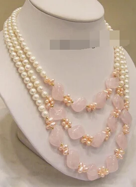 

FREE SHIPPING>>>@@ AS33251 3 Rows Genuine White Pink Pearl Crystal 18KWGP Clasp Necklace