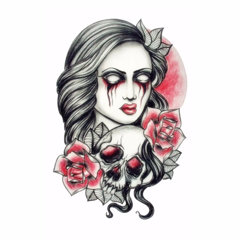

1 Pc Beauty Pink Dangerous Skull Scary Lady Fake Tattoo Waterproof Temporary Tattoos Stickers Adhesive Sexy Body Art Products