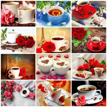 

AZQSD Diamond Painting Embroidery Flowers Diamond Mosaic Flower Full Drill Cross Stitch Kits Coffee Cup Rhinestones Wall Decor