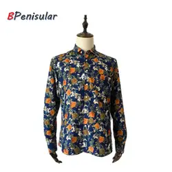 Для мужчин с длинным рукавом цветочные рубашки 2018 осень Повседневное блузки бизнес Для мужчин Однобортный с цветочным принтом пляжные Hawiian
