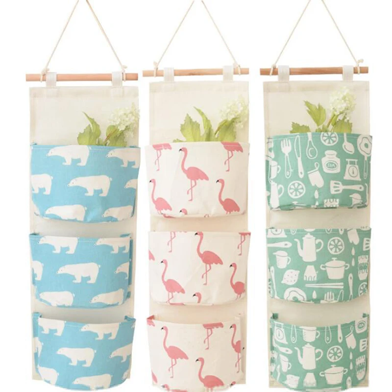 

3 Layers Wall Hanging Storage Bags Flamingo Linen Closet Children Room Organizer Pouch for Toys Books Cosmetic Sundries C