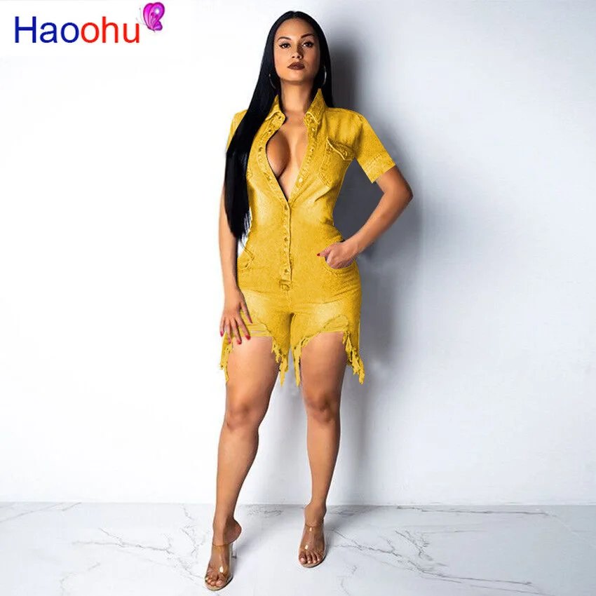 

HAOOHU deep V-neck sexy short jean jumpsuit rompers Women blue hollow out bodycon playsuit Summer female club denim overalls