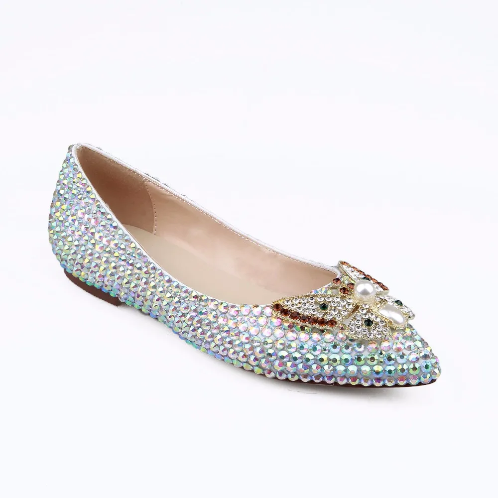 

2018 bride flat color diamond wedding shoes shallow mouth bow women's shoes new hand-drilled flat princess shoes.