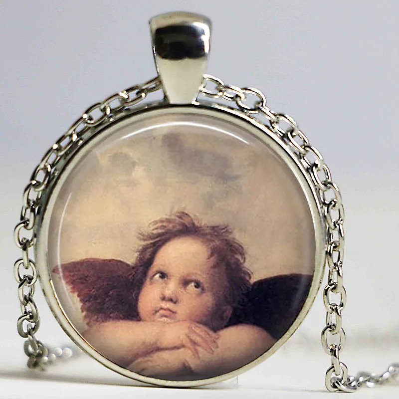 

ANGEL Pendant necklace Glass Raphael Painting Sistine Madonna Gift Religious Spiritual Jewerly Chain