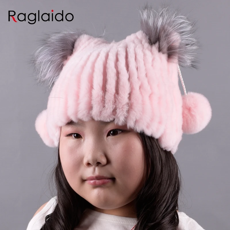 

Fur Hat rabbit rex beanies for Girls Real Fur Ball Hat with fox fur ears Kids pompom hand knitted headwear 42-52cm LQC1002