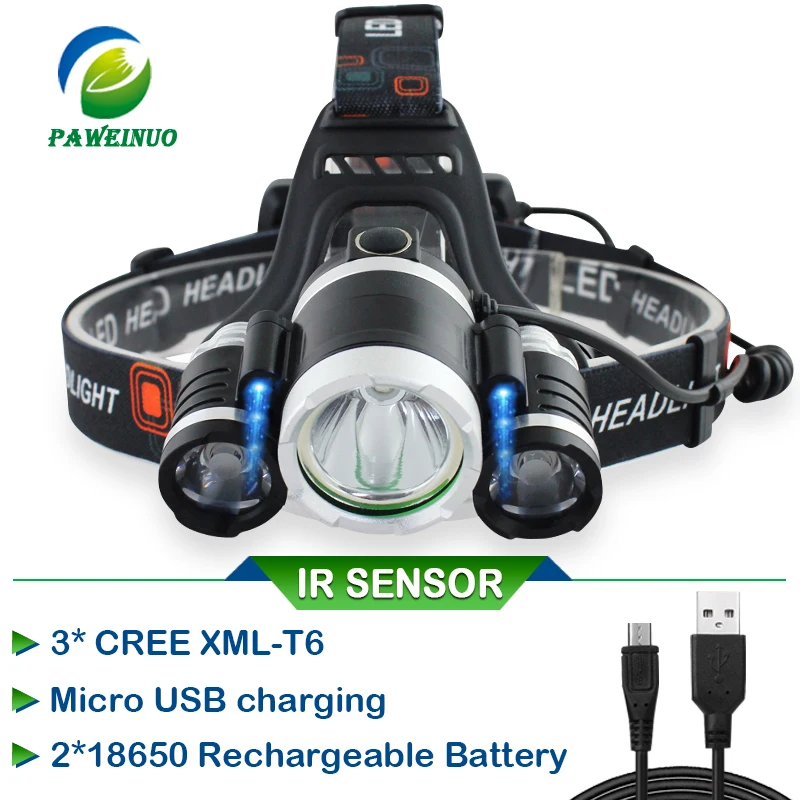 cheap IR SENSOR Headlamp usb led Rechargeable 3T6 18650 headlamp waterproof Head Torch high power head fishing flashlight lamp mining