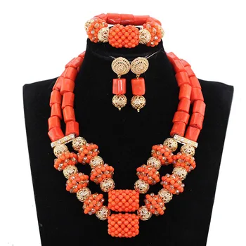 

Free shipping Orange nigerian wedding african beads jewelry set crystal african red coral beads jewelry set JB110