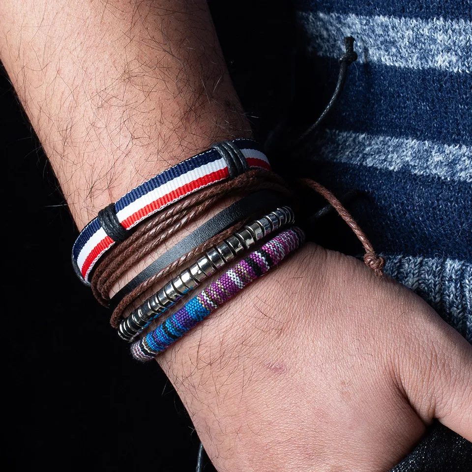 

Charm French style Multilayer Brown Leather Spike Rivet Silver Bead Men's bracelet Braided Handmade Bracelets & Bangle B020451