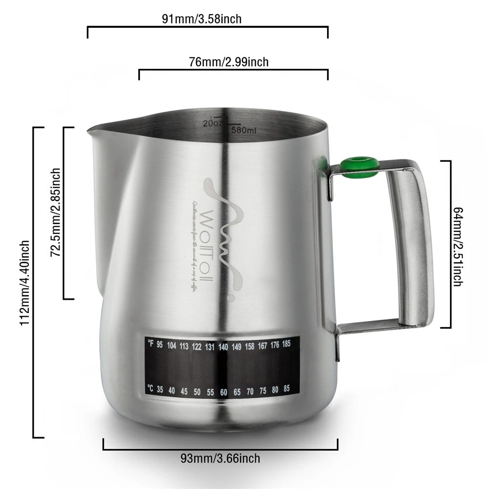 Кувшин для вспенивания молока, Нержавеющая сталь сливки пенообразователь с Встроенный термометр 20 унций(600 мл), матовая отделка