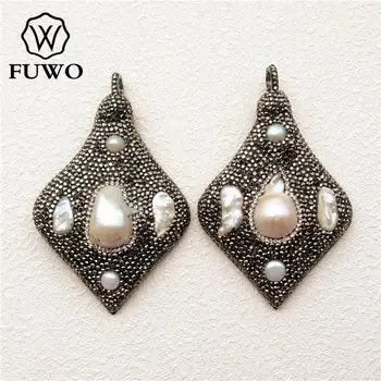 

FUWO Nature Pearl Pendant Charms Pave Crystal Rhinestone Arrow Jewelry High Quality Black leather Base Pave Boho Jewelry PD1516