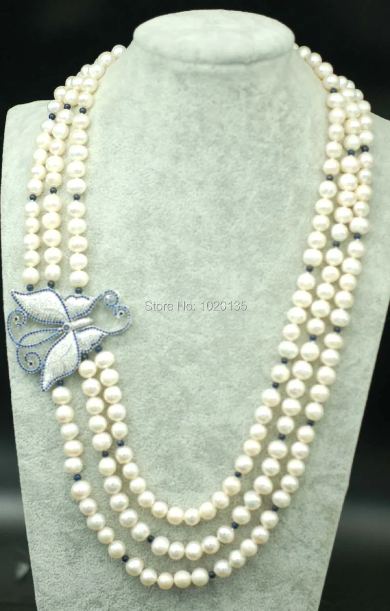 

3rows 23-25inch freshwater pearl near round 8-9mm wholesale beads fashion gift blue butterfly lapis lazuli