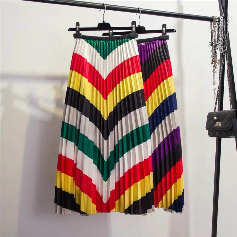 

Striped Pleated Skirt 2019 Summer New-Coming Color Matching High Street Style Mid-Calf Empire Soft Fashion Women Skirts