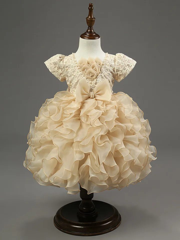

Baby Girls Champagne Bowknot formal Holes Decorated Flower Girl Dress Princess Tutu Autumn Winter Short Sleeve Kids Clothing