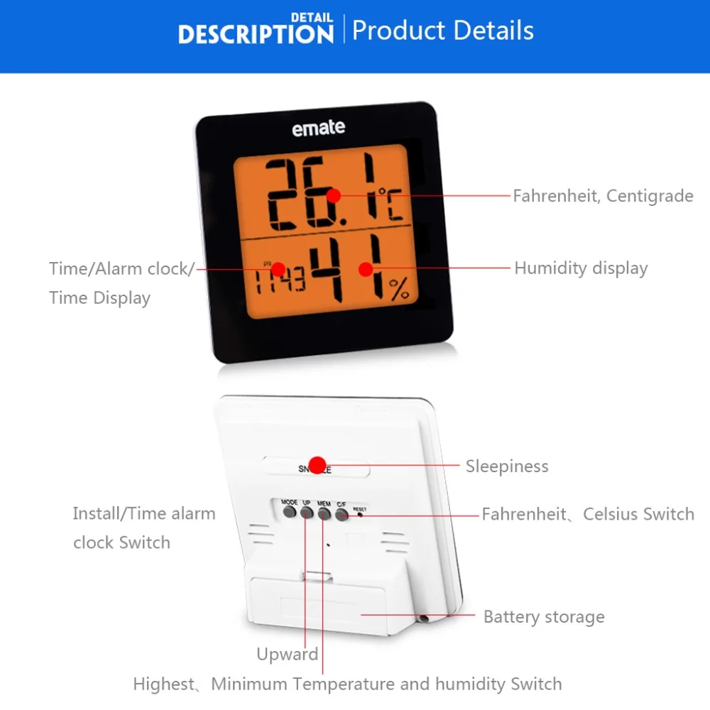 Комнатный термометр и гигрометр цифровой ЖК-дисплей C/F Измеритель температуры и влажности Будильник