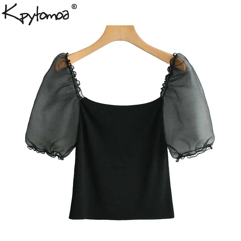 

Vintage Sexy Patchwork Stretchy Short Tops Women Blouses 2019 Fashion Square Collar Puff Sleeve Ladies Shirts Casual Blusa Mujer