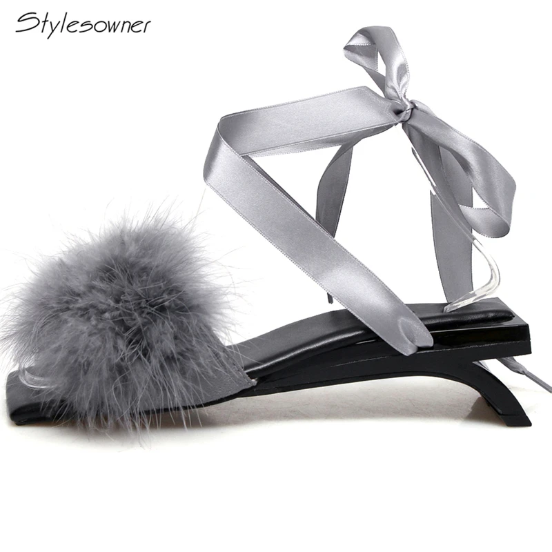 

Stylesowner Furry Feather Sandalias Mujer 2018 Strange High Heels Sandals Summer Women Sandals High Heel Lace Shoes Heels Shoes