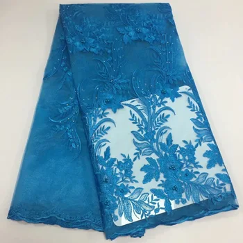 

Blue 3d Lace Fabric African French Lace Fabric Handmade Beads Rhinestones Embroidery Wedding Nigerian Lace Fabric For 5yards