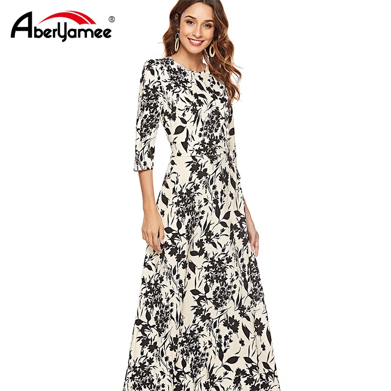 

Plus Size Spring Autumn Women Dress Elegant Print O-neck 3/4 Sleeve Women Casual Dress Bohemian Party Beach Dresses Vestidos 5XL