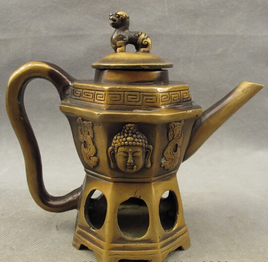 

S07169 Chinese Bronze Dragon Lion Shakyamuni Buddha Head Statue Handle Teapot Wine Pot