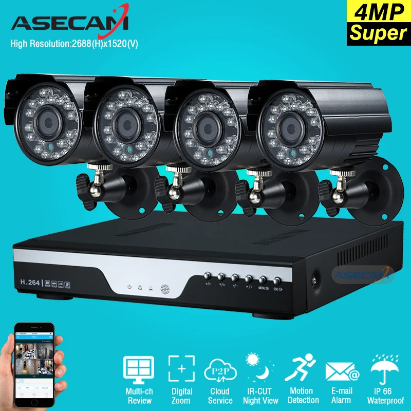 Супер 4mp HD 4 канала наблюдения домашней черный маленький металлический Пуля безопасности Камера h.264 dvr комплект открытый 4ch CCTV Системы