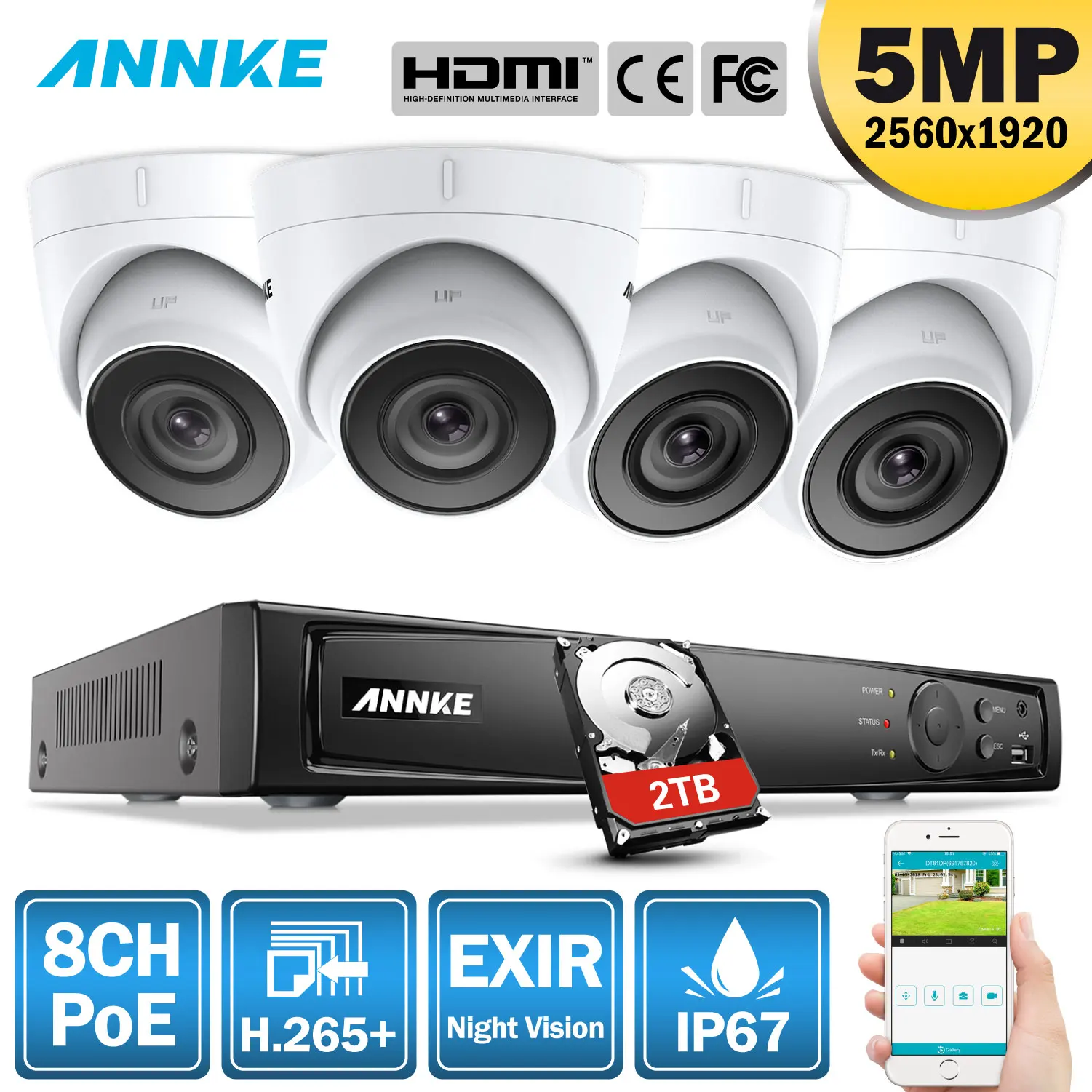 ANNKE 5MP H.265+ Super HD POE, сетевые системы безопасности видео 4 шт. Водонепроницаемая наружная ip-камеры с питанием по POE 2,8 мм купольная PoE камера комплект