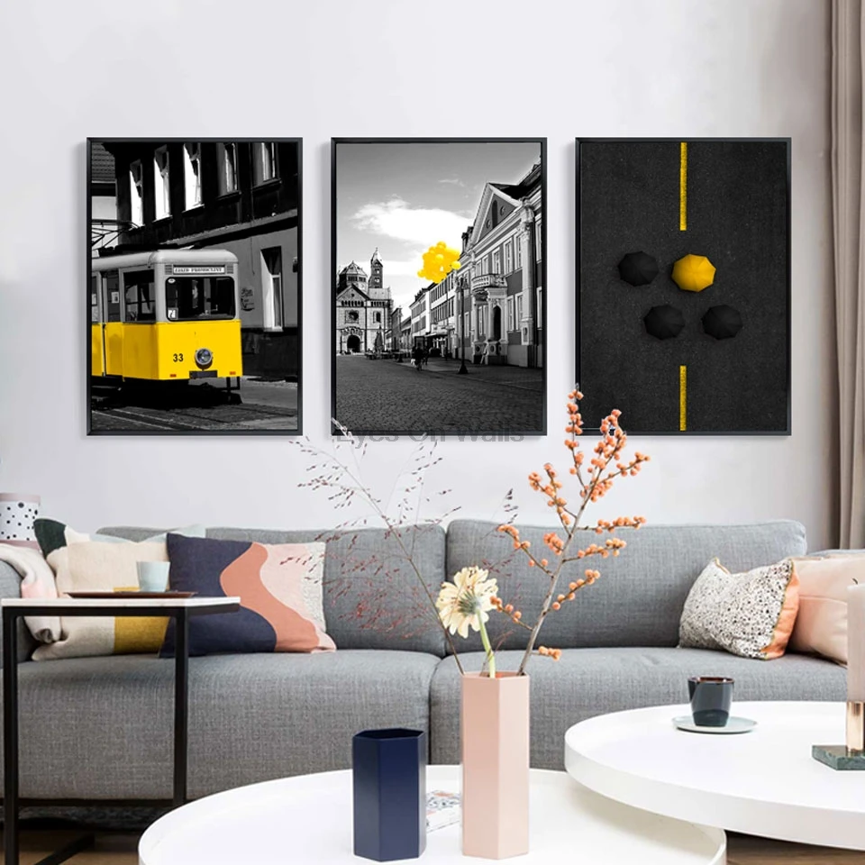 

Modern Classic Scenery Black White Yellow Bus Poster City Landscape Prints Umbrella Balloon Canvas Wall Pictures For Living Room
