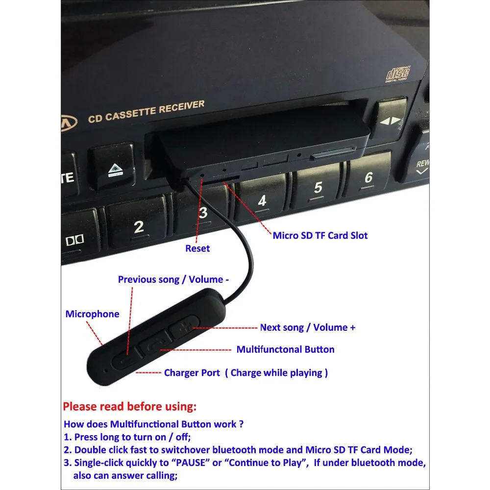 Multifunctional Car Bluetooth Cassette Adapter Bluetooth V4.1 Music Receiver Adapter With TF 4GB-work while charging, Support TF