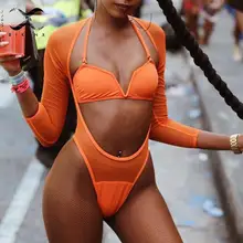 Купальник с длинным рукавом, женский бикини с v-образным вырезом,, сетчатый купальный костюм, купальник с бретелькой через шею, женский купальник с высокой посадкой, цельный сексуальный бикини