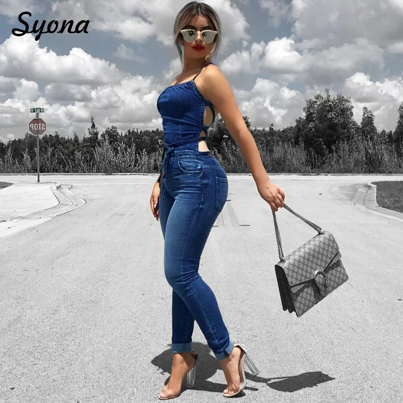 

Casual Sexy WOMEN STRAP ROMPER DENIM JUMPSUIT Halter Stretch Jeans One Piece Overalls Long Pants Backless Bandage Plus Size Club