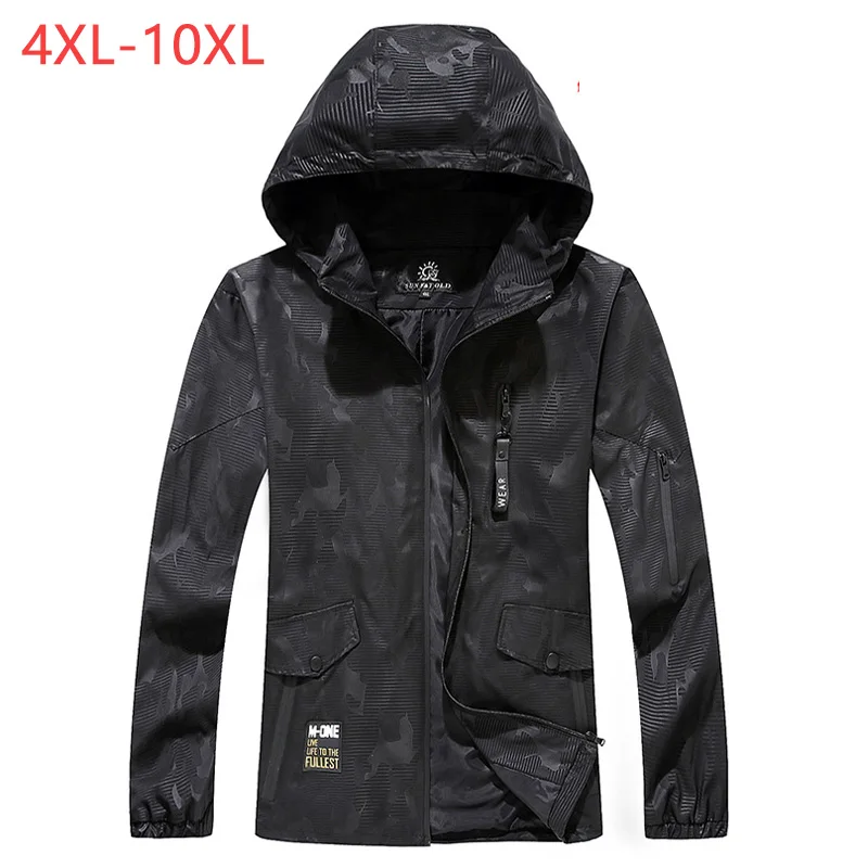 Мужская куртка-бомбер, мешковатая куртка с капюшоном, весна-лето, камуфляжная ветровка на молнии, Мужская черная уличная куртка, смарт-пальто для путешествий, 6XL 8XL XMR05