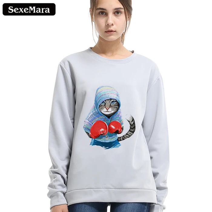 SexeMara 100% Cotton Women Winter Kawaii Tops Boxinger Cat Fashion 3D Print Hipster Swearshirt Female Shirts Plus Size WY034 Hoodies