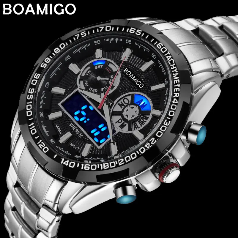 men sport watches military steel digital watch Luminous hand quartz watch 2017 BOAMIGO silver gift 30m waterproof wristwatches wpl d12 2 4g 1 10 2wd off road military truck rc car silver two batteries