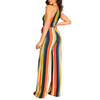 

Women Halter Sashes Jumpsuit Sleeveless Striped Overalls Casual Wide Leg Playsuit