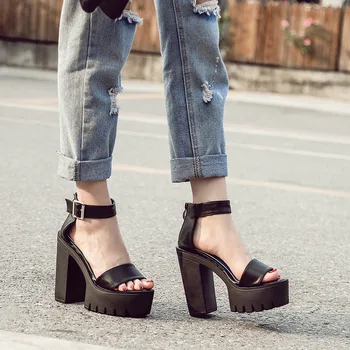 

YMECHIC Ankle Wrap Zipper Punk Concise High Heels Sandals Women White Black Party Block Heel Shoes Platform Sandals Summer 2019