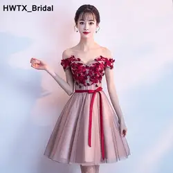 2018 A-Line платье подружки невесты с ABC дизайн Аппликации Свадебная вечеринка платье Мягкий Тюль Красный Для женщин Бордовые Платья для