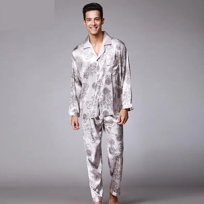 Men's Long Sleeves Faux Silk Pajamas Suit Satin Sleepwear Man Plus Size Nightclothes Set Loose Paisley Pyjamas Set Male mens designer pjs Pajama Sets