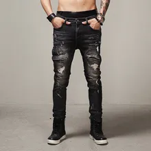 Рваные джинсы в стиле хип-хоп, мужские Модные байкерские обтягивающие джинсы с дырками, хлопковые черные брендовые мотоциклетные джинсовые брюки карго в стиле Канье Уэста