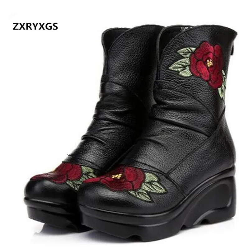 

High-end Elegance Embroidered Cow Leather Shoes Women Boots Fashion Wedding Shoes 2023 Spring Winter Wedges Women Shoes Boots