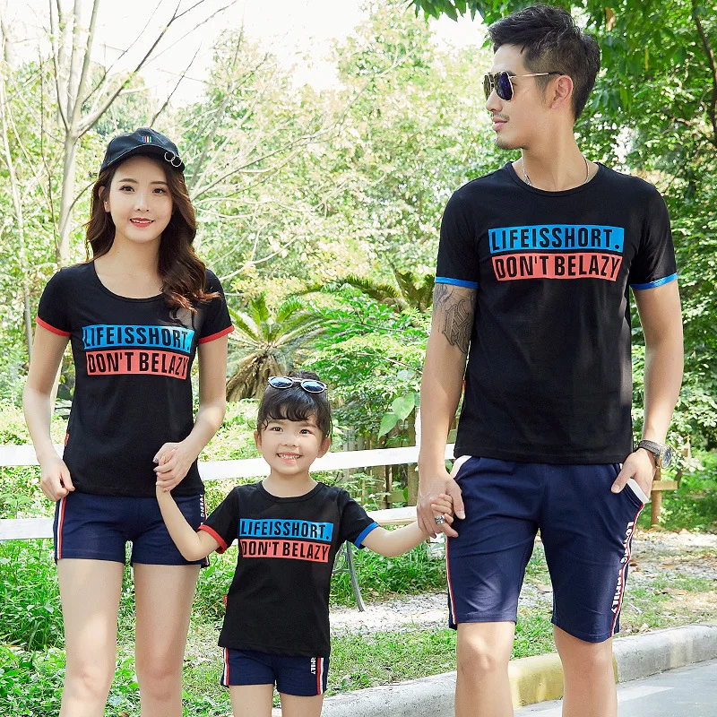 

Women Style Cotton T Shirt Letter Short Sleeve T-shirt Suit Parent-child Suit Summer Suit Family Couple Suit Wholesale