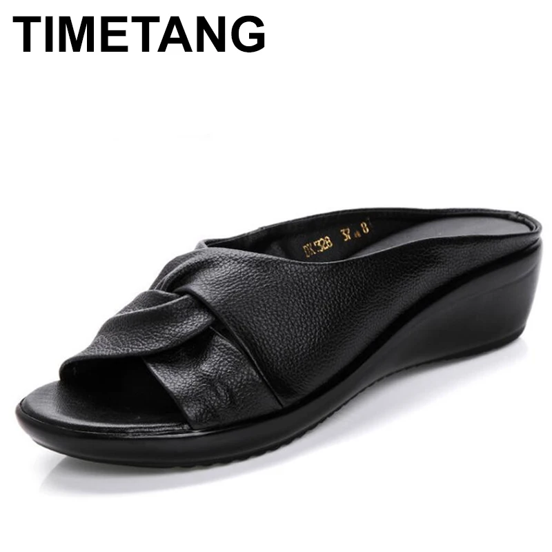 TIMETANG Новые Летние кожаные босоножки на танкетке Удобная обувь Женские мокасины