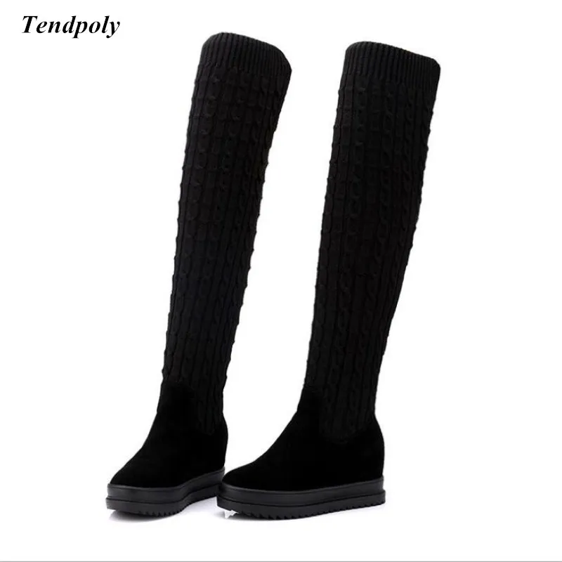 

The new autumn winter leather thigh Women's boots thin elastic knitted all-match increased set foot long canister Female boots