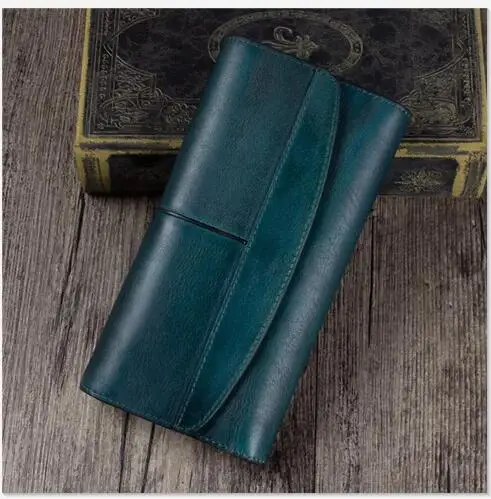 Vintage Designer Genuine Leather Women's Clutch Purse Cow Skin Blackish Green Female Large Trifold Wallet Lady Long Card Wallet - Цвет: Темно-синий